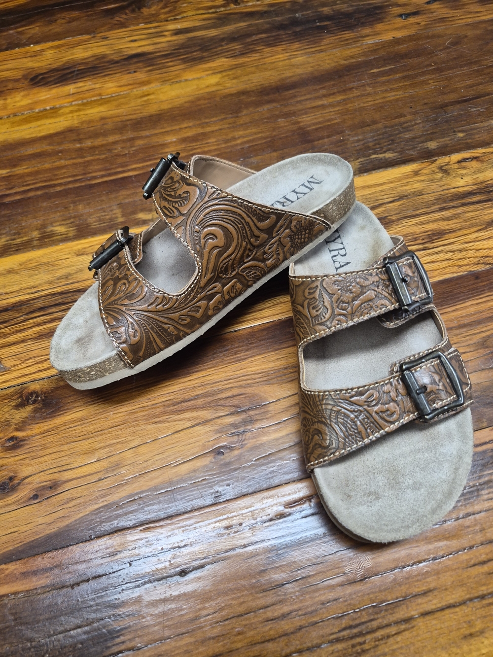 Women's MYRA Brown Embossed Two-Strap Slide Sandals